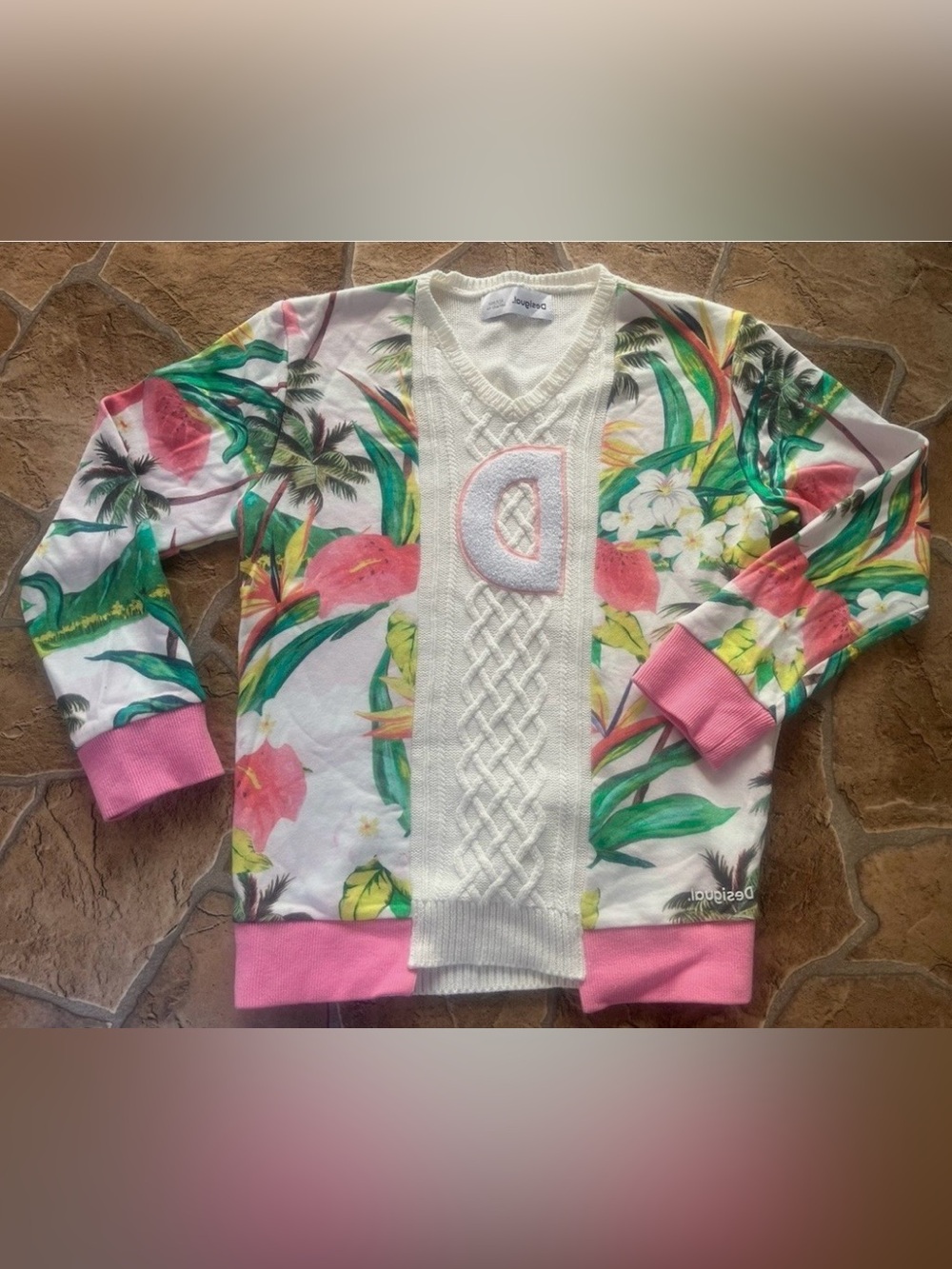 Desigual knit sweater palm trees preppy cable knit v neck girls sz 5/6 NWT $130